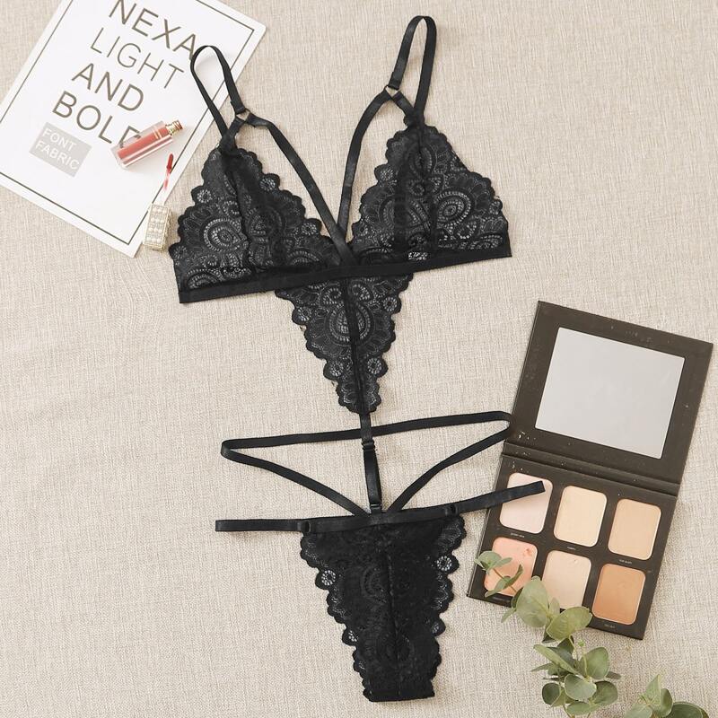 

Floral Lace Teddy Bodysuit, Black