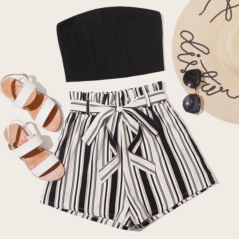 

Bandeau Top With Color Striped Belted Shorts, Multicolor