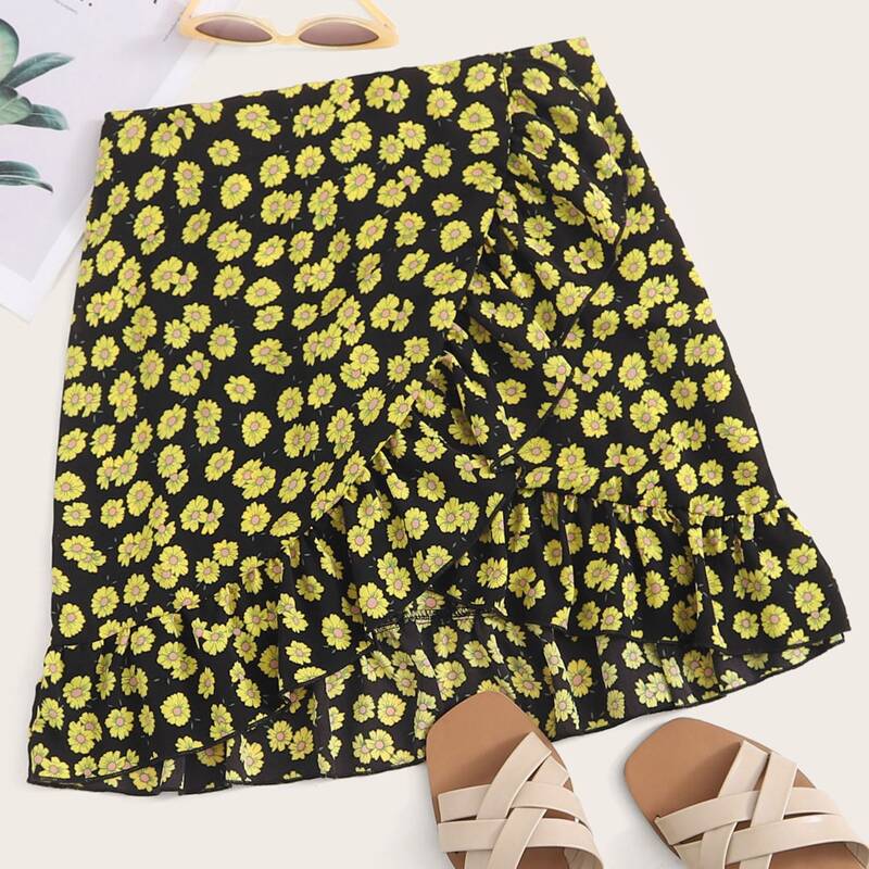 

Floral Print Ruffle Wrap Skirt, Multicolor