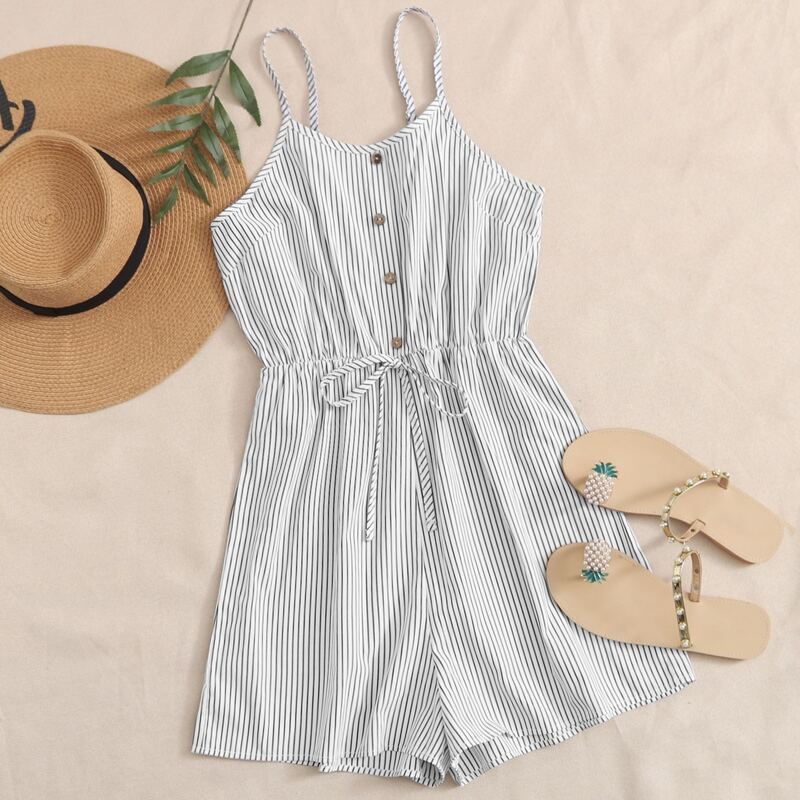 

Striped Drawstring Waist Button Front Cami Romper, White