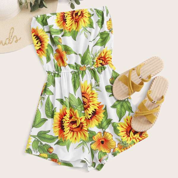 

Sunflower Print Wide Leg Bandeau Romper, Multicolor