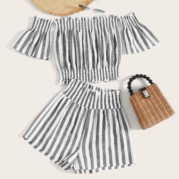 

Striped Shirred Frill Trim Bardot Top & Shorts, Grey