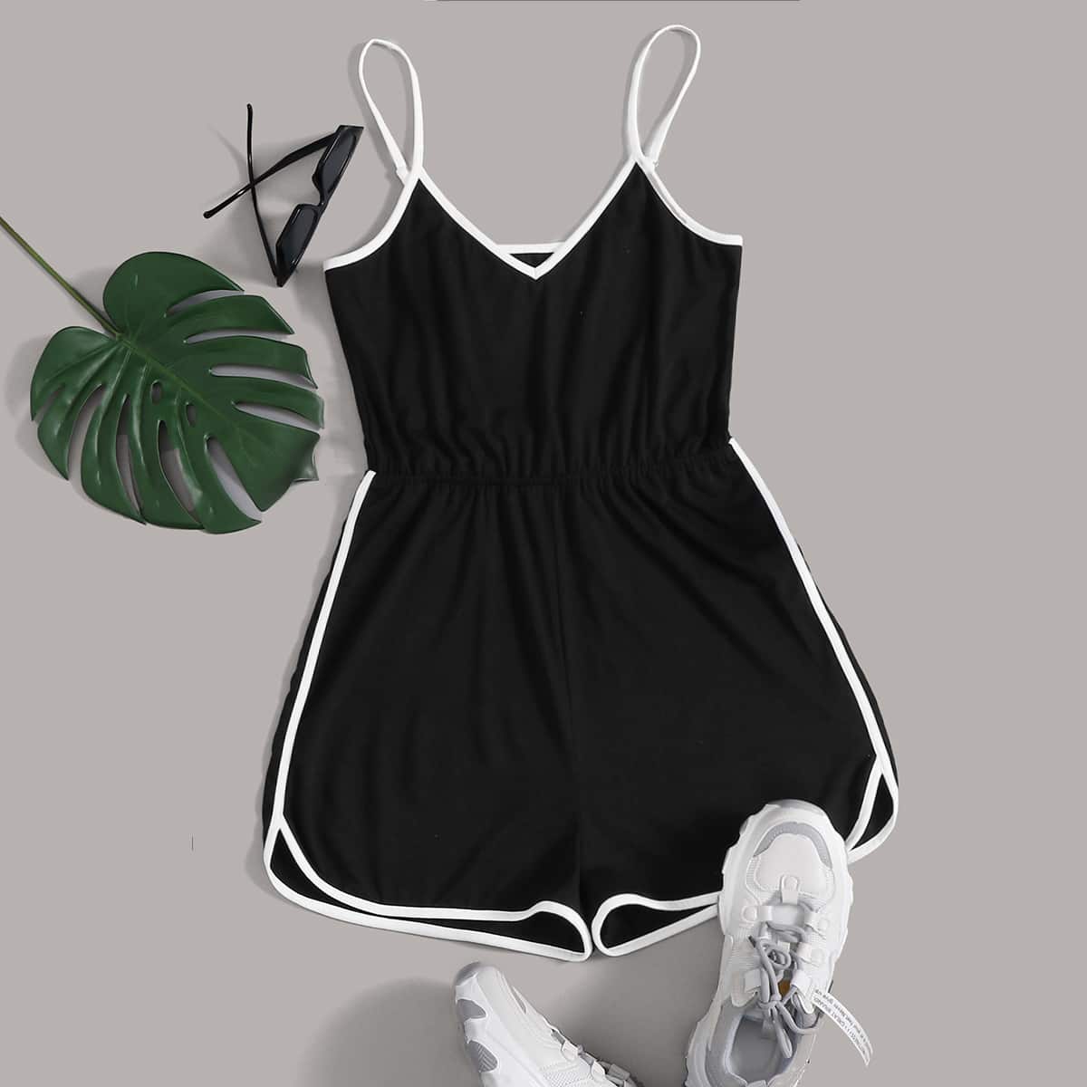 

Contrast Binding Cami Romper, Black