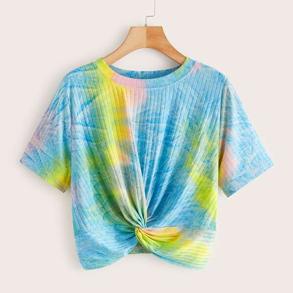 

Tie Dye Twist Front Rib-knit Tee, Multicolor