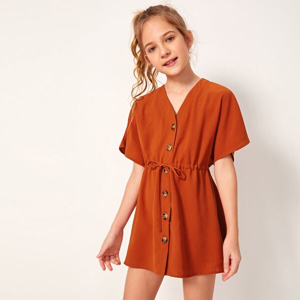 

Girls Buttoned Front Drawstring Waist Dress, Orange