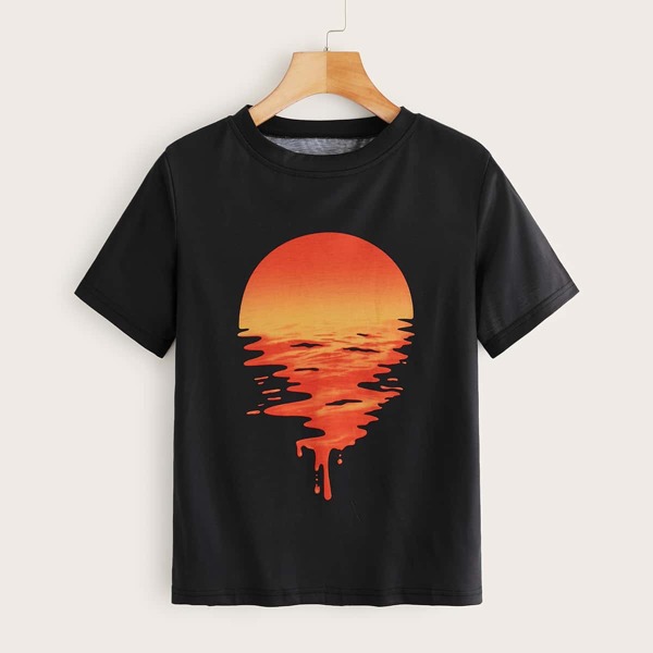 

Sunset Print Round Neck Tee, Black