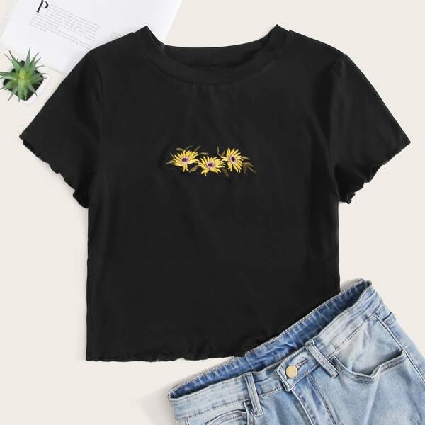 

Короткая футболка с цветочной вышивкой, Чёрный