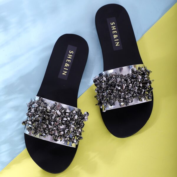 

Open Toe Rhinestone Decor Sliders, Silver