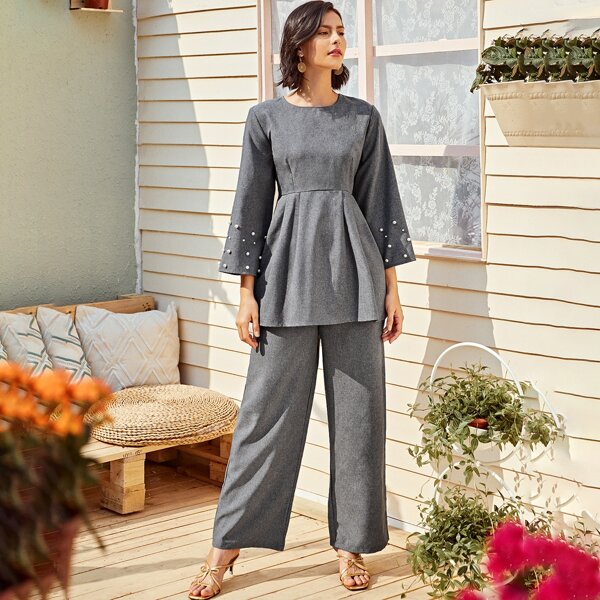 

Pearls Peplum Top With Wide Leg Pants, Grey