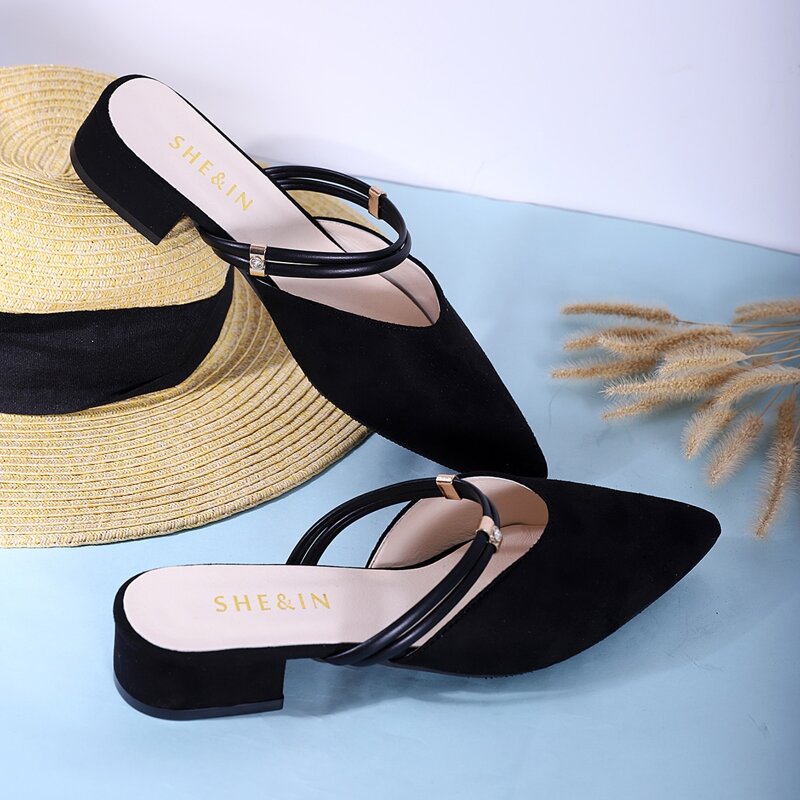 

Point Toe Double Strap Block Heels, Black