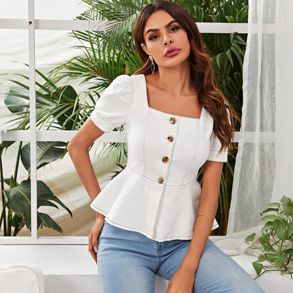

Square Neck Puff Sleeve Peplum Denim Top, White