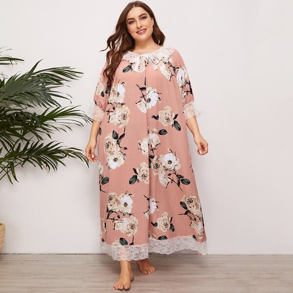 

Plus Bow Front Lace Trim Floral Print Night Dress, Pink