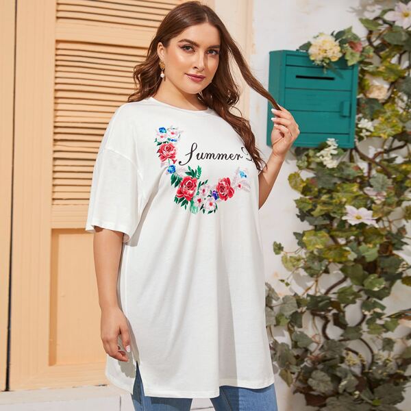 

Plus Drop Shoulder Floral & Letter Graphic Tee, White