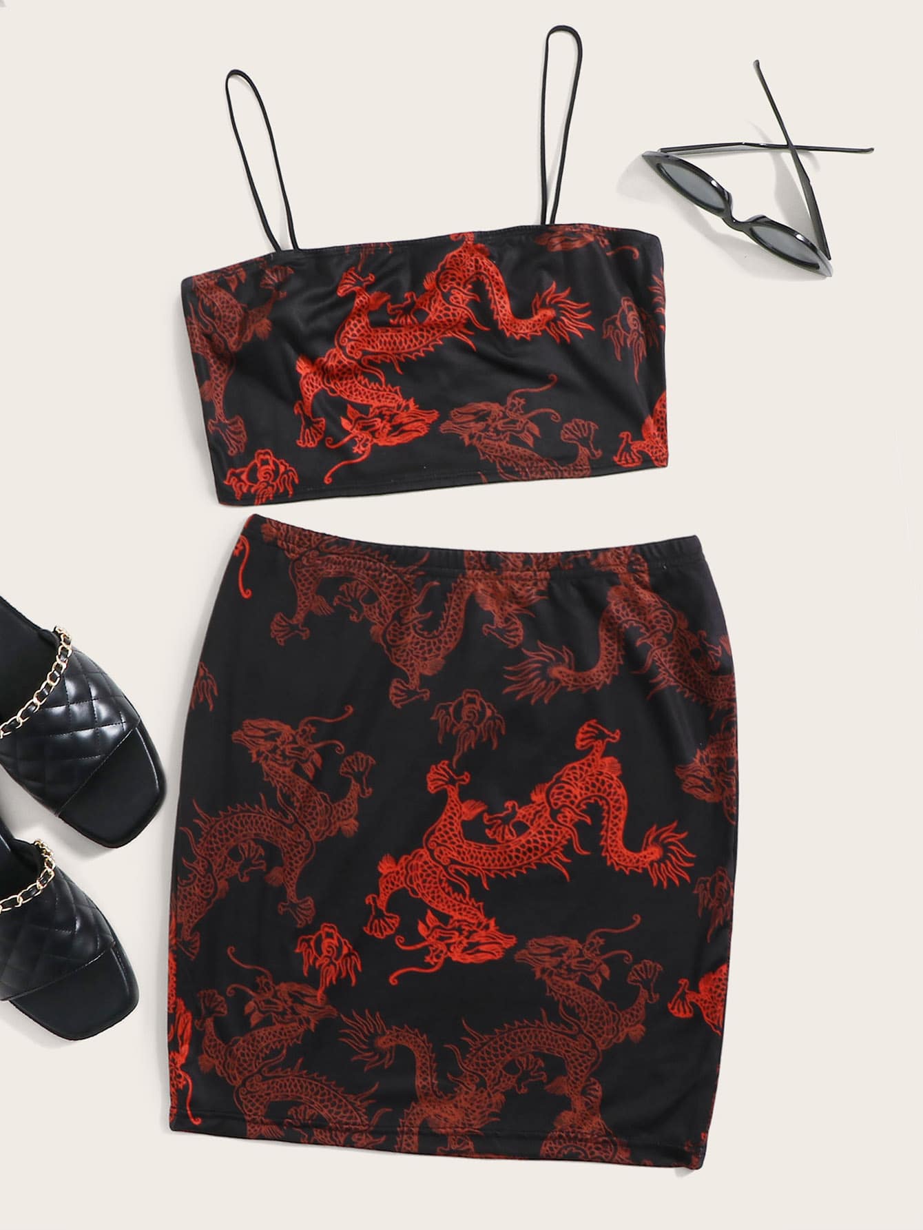 Muchica Dragon Print Crop Cami Top & Skirt Set - Multicolor - View 1