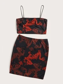 Muchica Dragon Print Crop Cami Top & Skirt Set - Multicolor - View 3