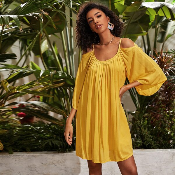 

Cold Shoulder Solid Oversize Dress, Yellow