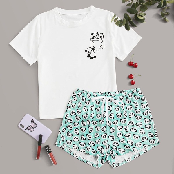 

Cartoon Panda Print Pajama Set, Multicolor