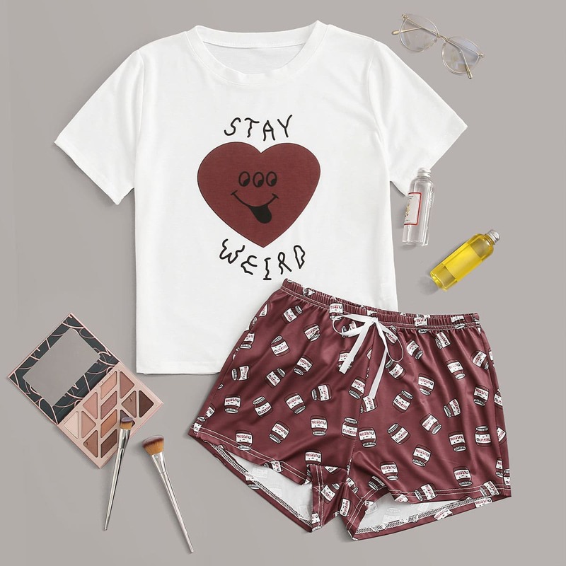 

Cartoon And Letter Graphic Pajama Set, Multicolor