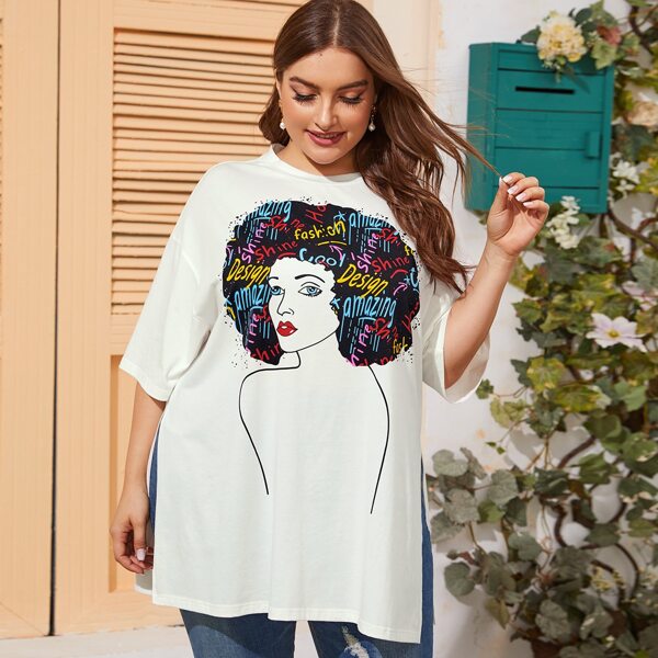

Plus Split Hem Letter & Figure Print Top, White