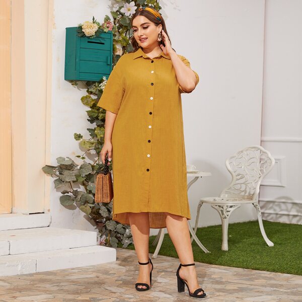 

Plus Drop Shoulder Button Front Shirt Dress, Yellow