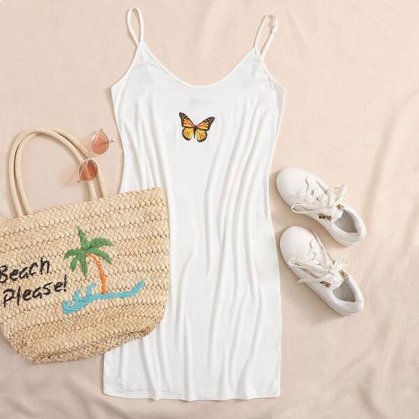 

Plus Butterfly Print Bodycon Cami Dress, White