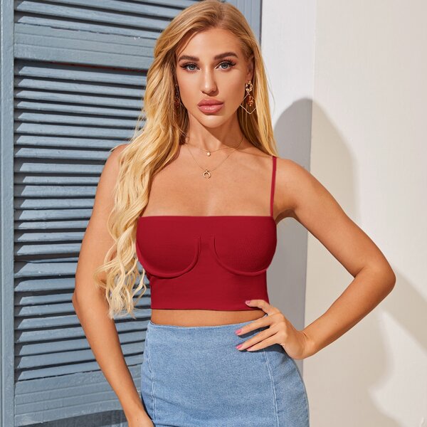 

Solid Ribbed Crop Cami Top, Red