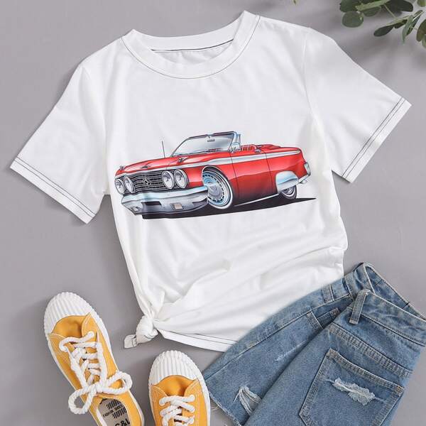 

Contrast Topstitching Car Print Tee, White