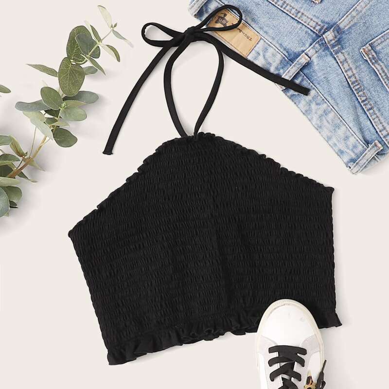 

Black Shirred Crop Halter Top
