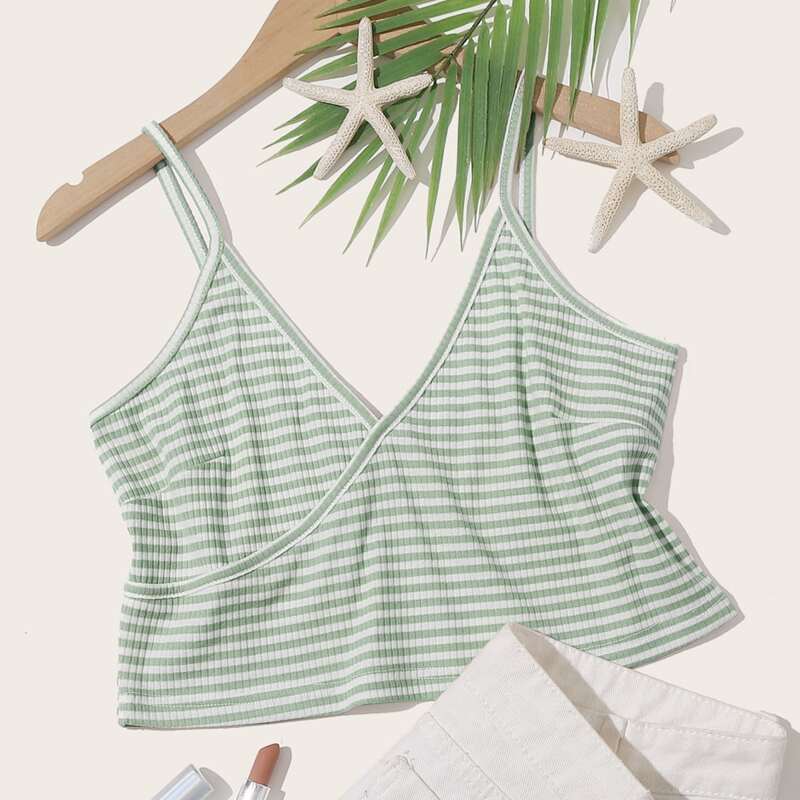 

Striped Wrap Crop Cami, Green