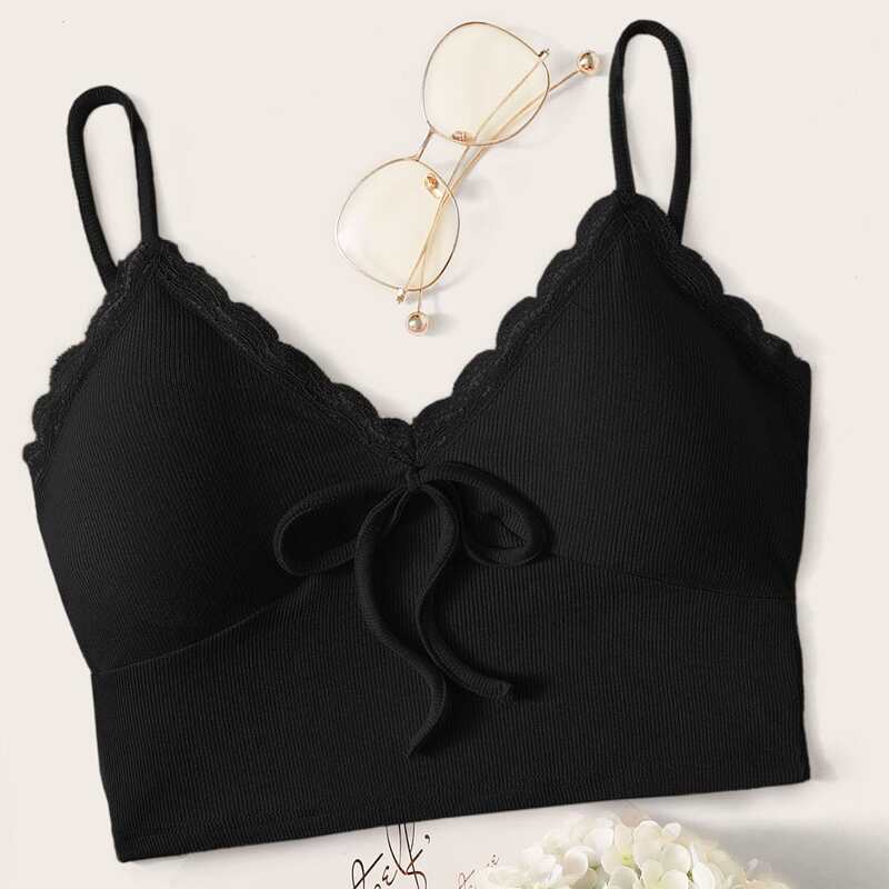 

Scallop Trim Crop Cami Top, Black