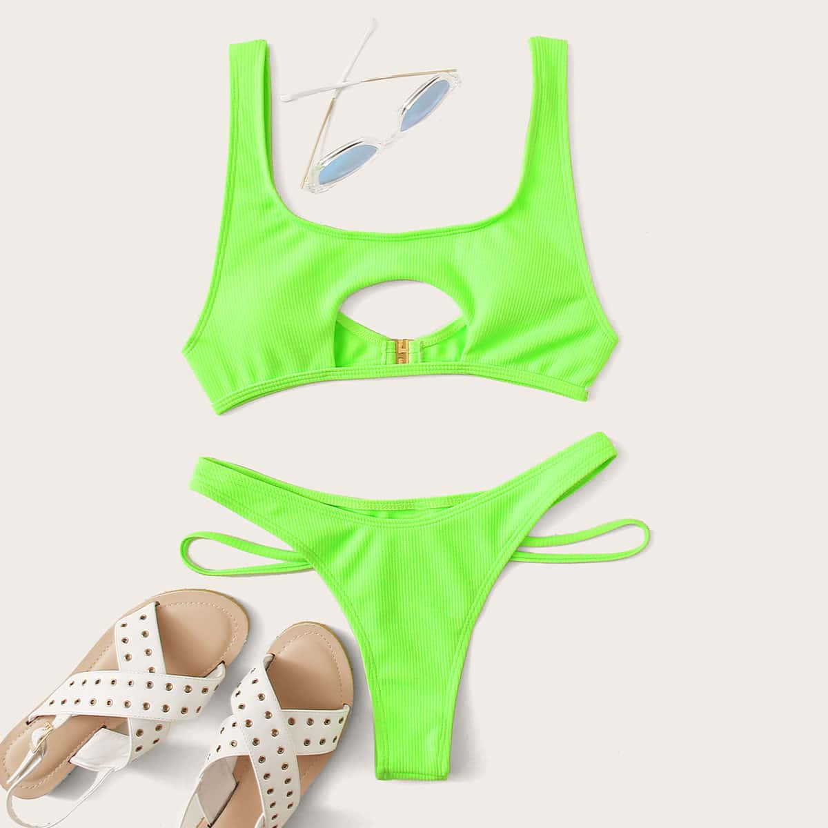 

Neon Green Cutout High Leg Bikini Swimsuit, Green bright