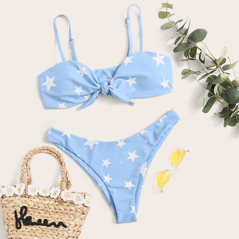 

Star Tie Front High Leg Bikini Swimsuit, Blue