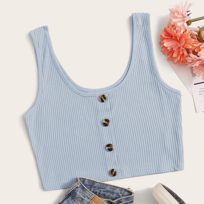 

Button Front Rib Crop Tank, Blue