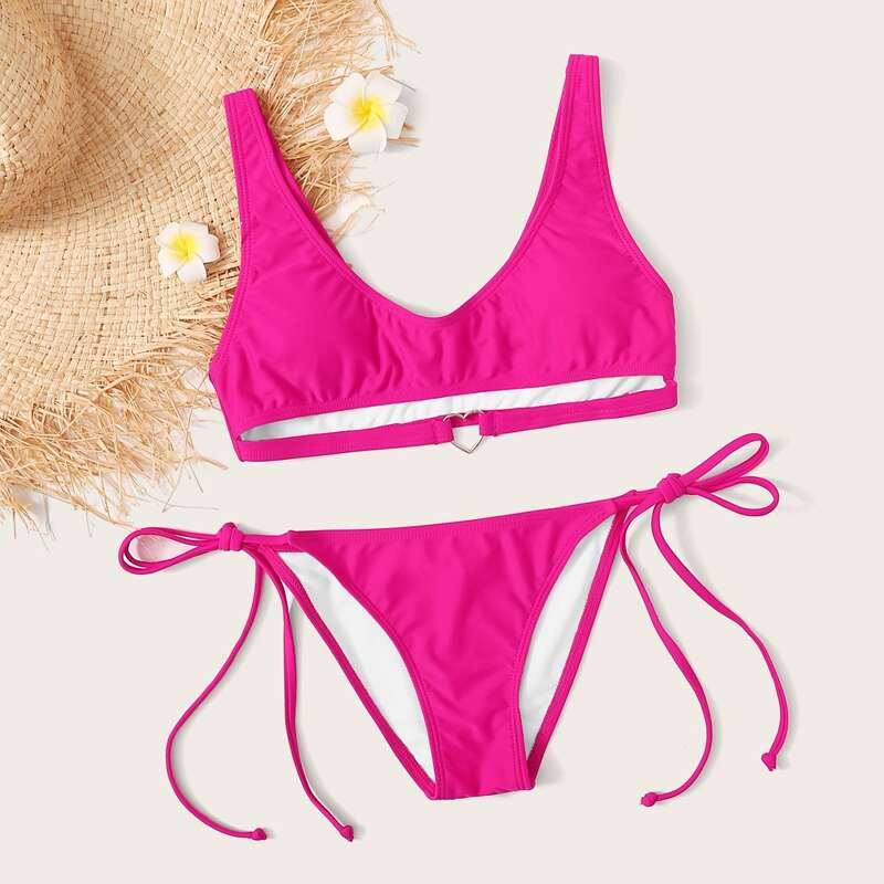 

Neon Pink Heart Tie Side Bikini Swimsuit, Pink bright