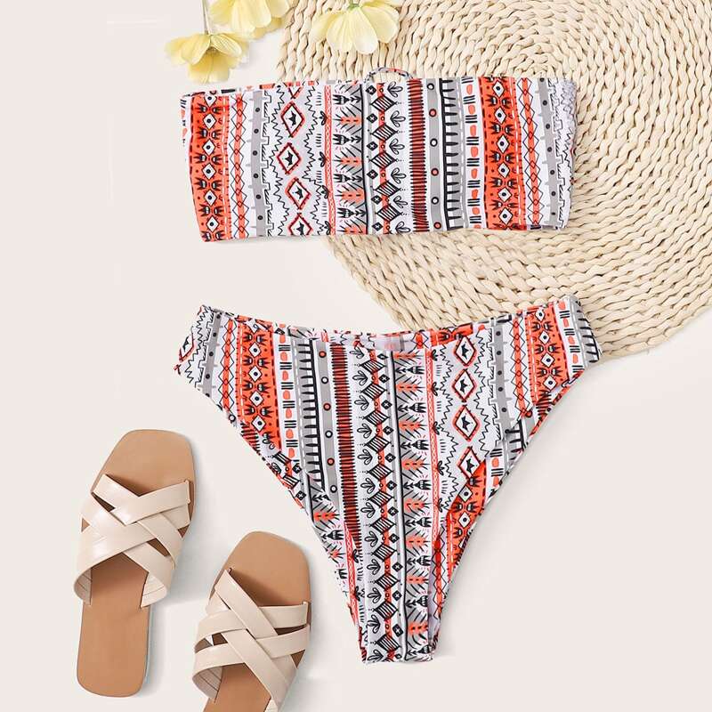 

Tribal Bandeau High Leg Bikini Swimsuit, Multicolor