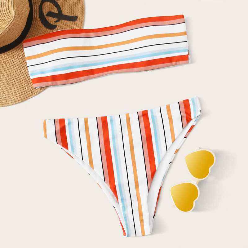 

Striped Bandeau High Leg Bikini Swimsuit, Multicolor