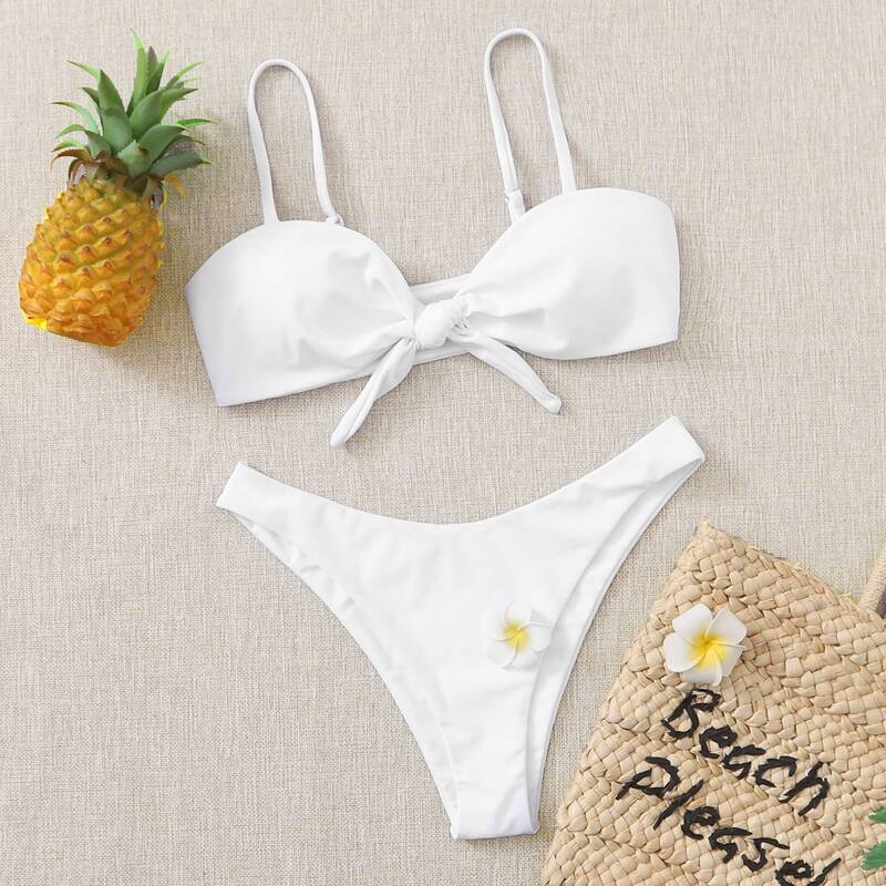 

Tie Front High Leg Bikini Swimsuit, White