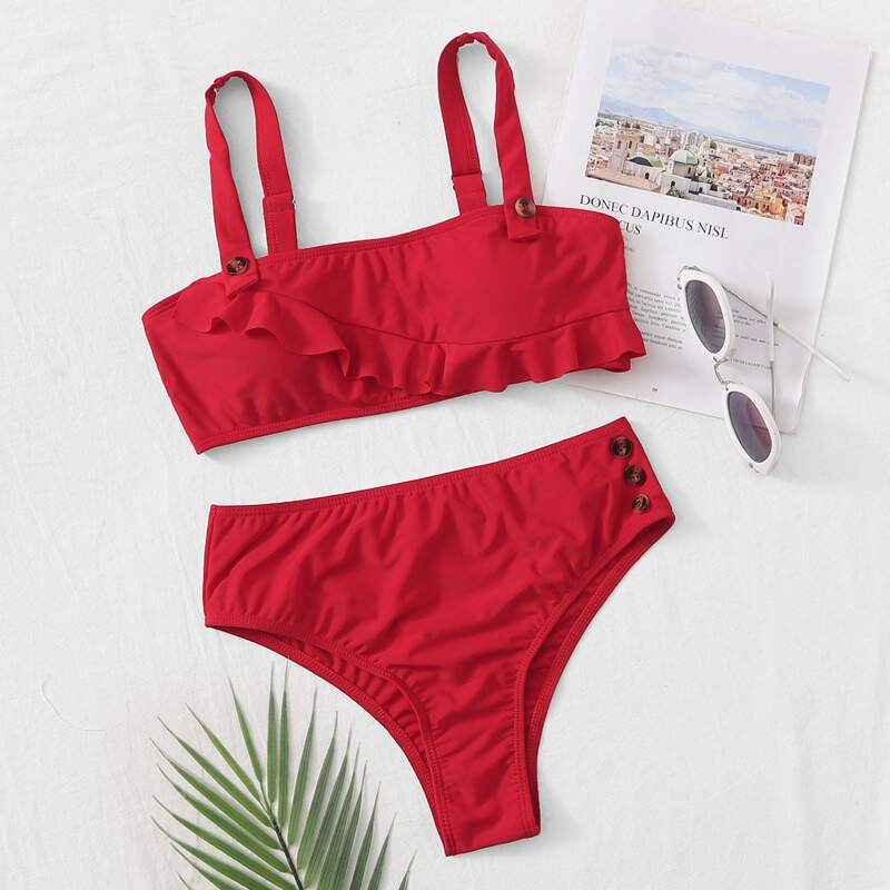 

Button Ruffle High Waist Bikini Swimsuit, Red