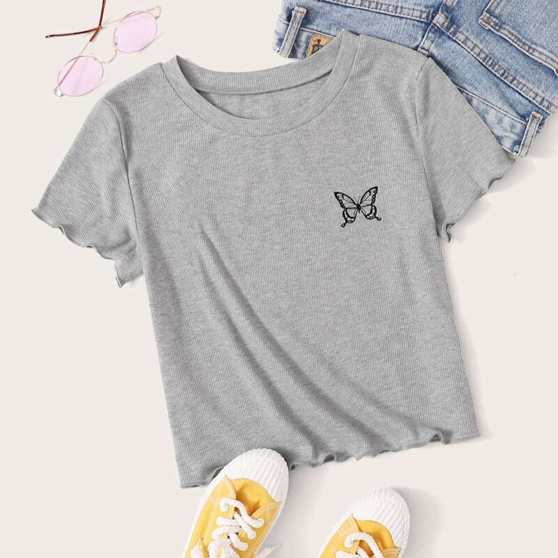 

Butterfly Embroidery Lettuce Trim Tee, Grey