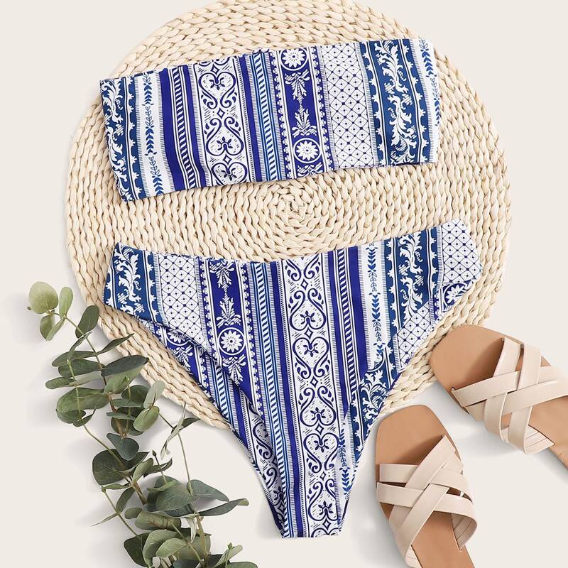 

Tribal Bandeau High Leg Bikini Swimsuit, Multicolor