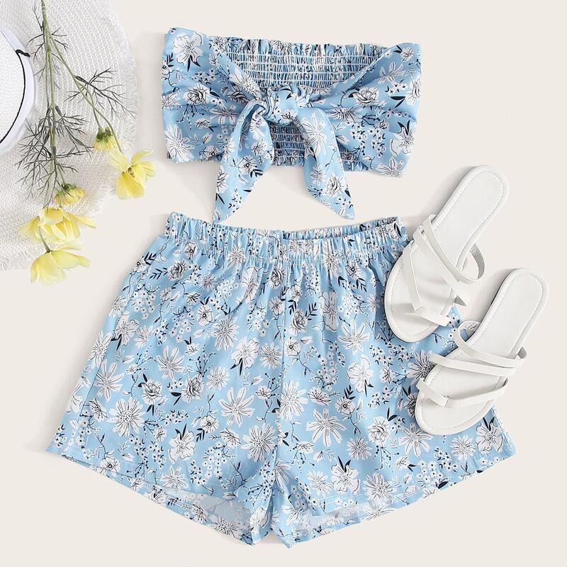 

Chiffon Floral Tie Front Tube Top & Shorts, Blue