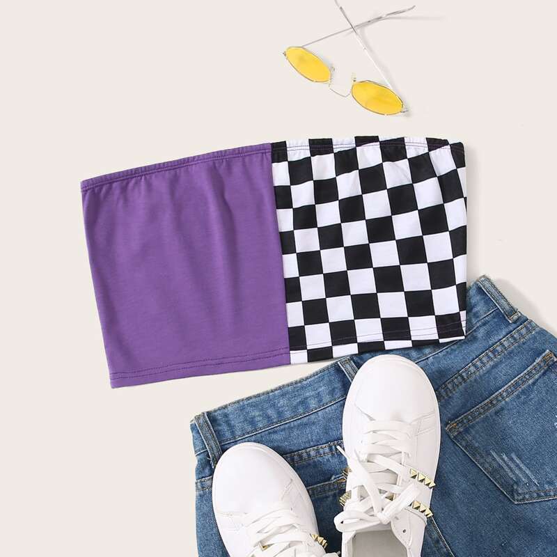 

Contrast Checkerboard Crop Tube Top, Multicolor