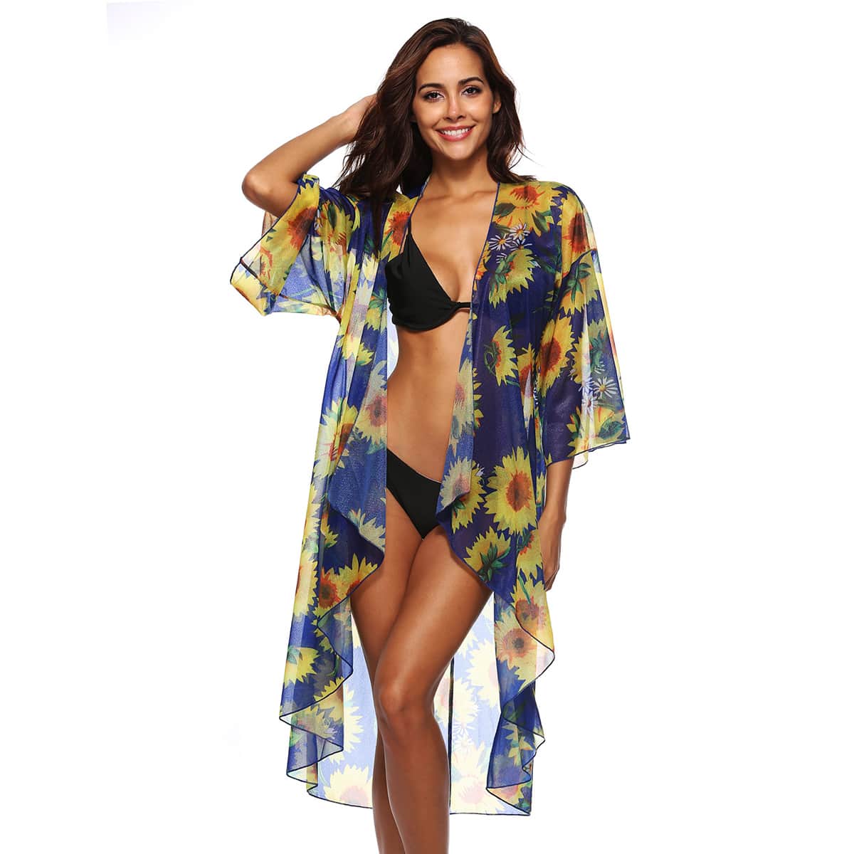 

Sunflower Print Dip Hem Kimono, Multicolor