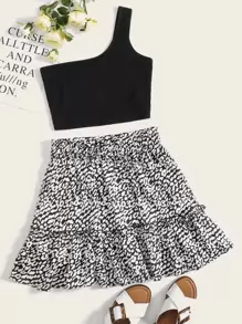 SHEIN VCAY Bộ thời trang Viên lá sen Đồ họa Đen và trắng Boho - Đen và trắng - Xem 1