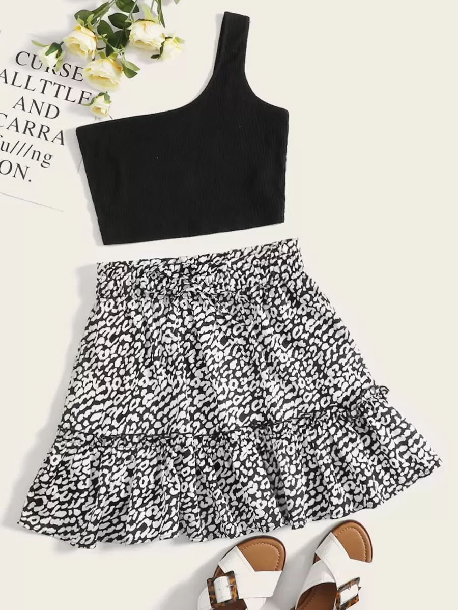 SHEIN VCAY Bộ thời trang Viên lá sen Đồ họa Đen và trắng Boho - Đen và trắng - Xem 1