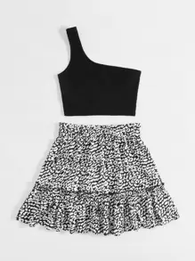 SHEIN VCAY Bộ thời trang Viên lá sen Đồ họa Đen và trắng Boho - Đen và trắng - Xem 2