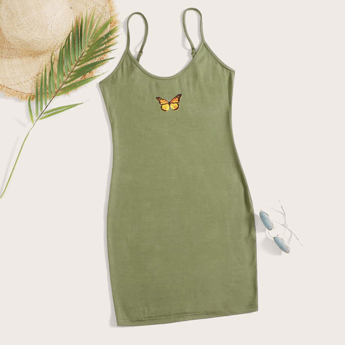 

Butterfly Print Bodycon Cami Dress, Green