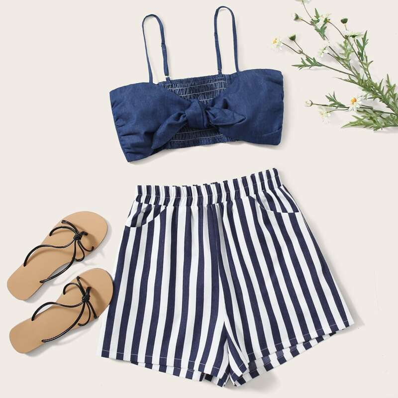 

Knot Front Cami & Striped Shorts, Blue