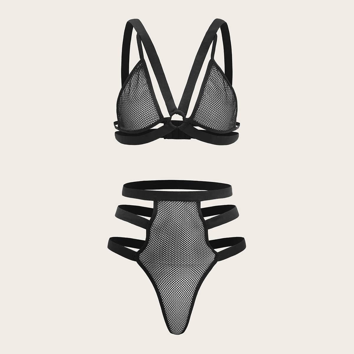 

Fishnet Ring Linked Harness Lingerie Set, Black
