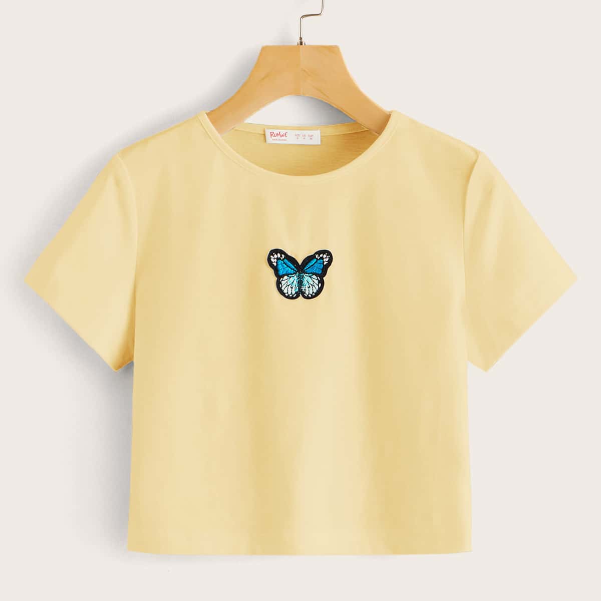

Butterfly Embroidery Yellow Tee, Yellow pastel